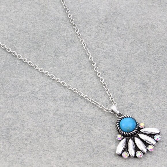 Turquoise Crystal Bling Concho Stone Necklace Earrings Western Cowgirl SET NEW - Picture 5 of 5